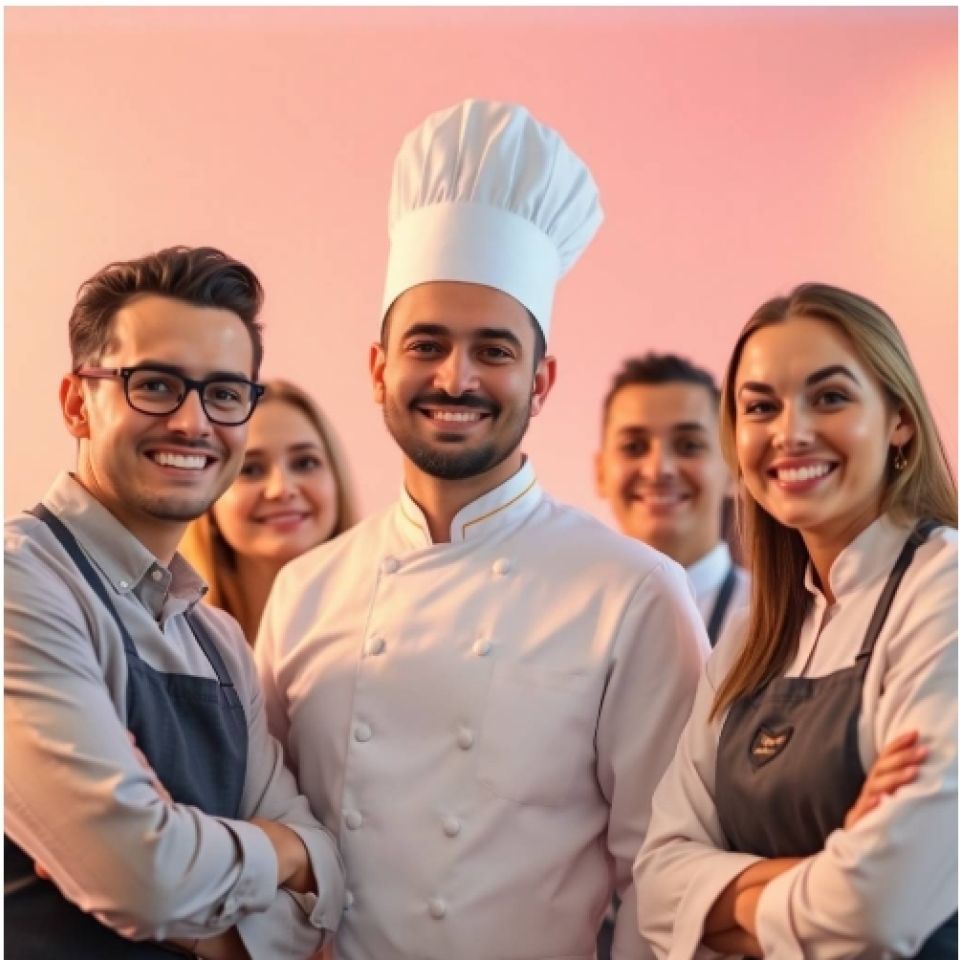 Chef profesional con uniforme blanco rodeado de su equipo, todos sonrientes y motivados, representando liderazgo culinario.