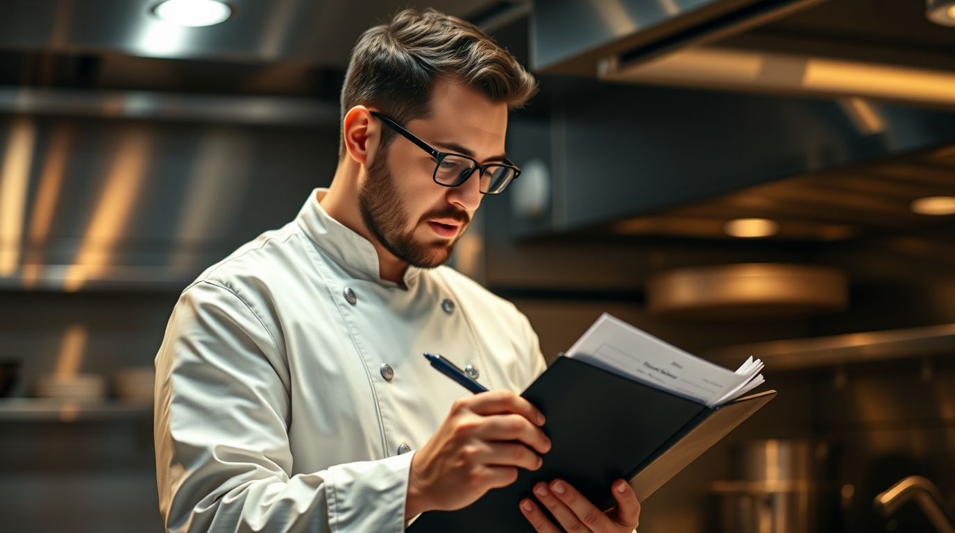 Chef revisando un currículum en una cocina profesional, evaluando habilidades blandas.