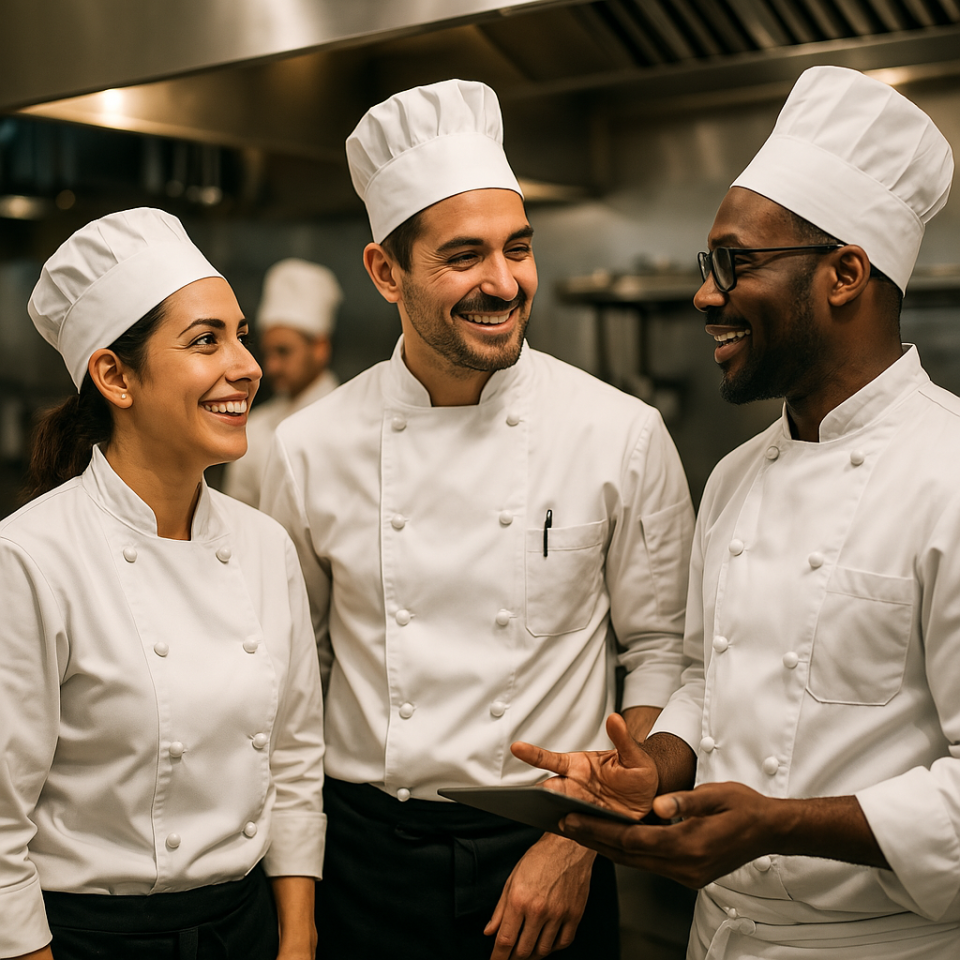 Tres chefs profesionales conversando y sonriendo dentro de una cocina moderna, representando confianza, comunidad y crecimiento.