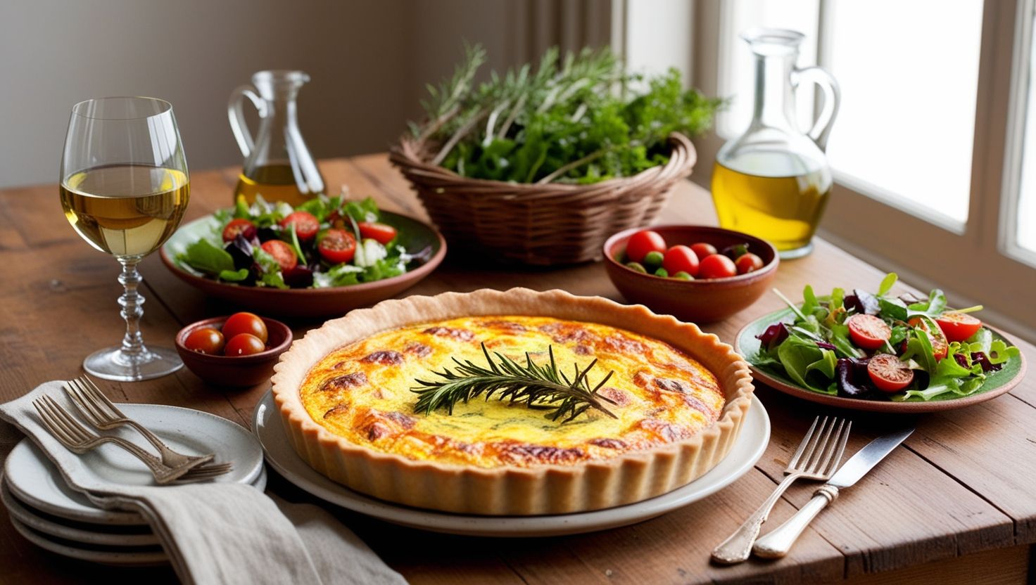 Una Quiche Lorraine recién horneada, presentada elegantemente sobre una mesa rústica con ensalada fresca y una copa de vino blanco.