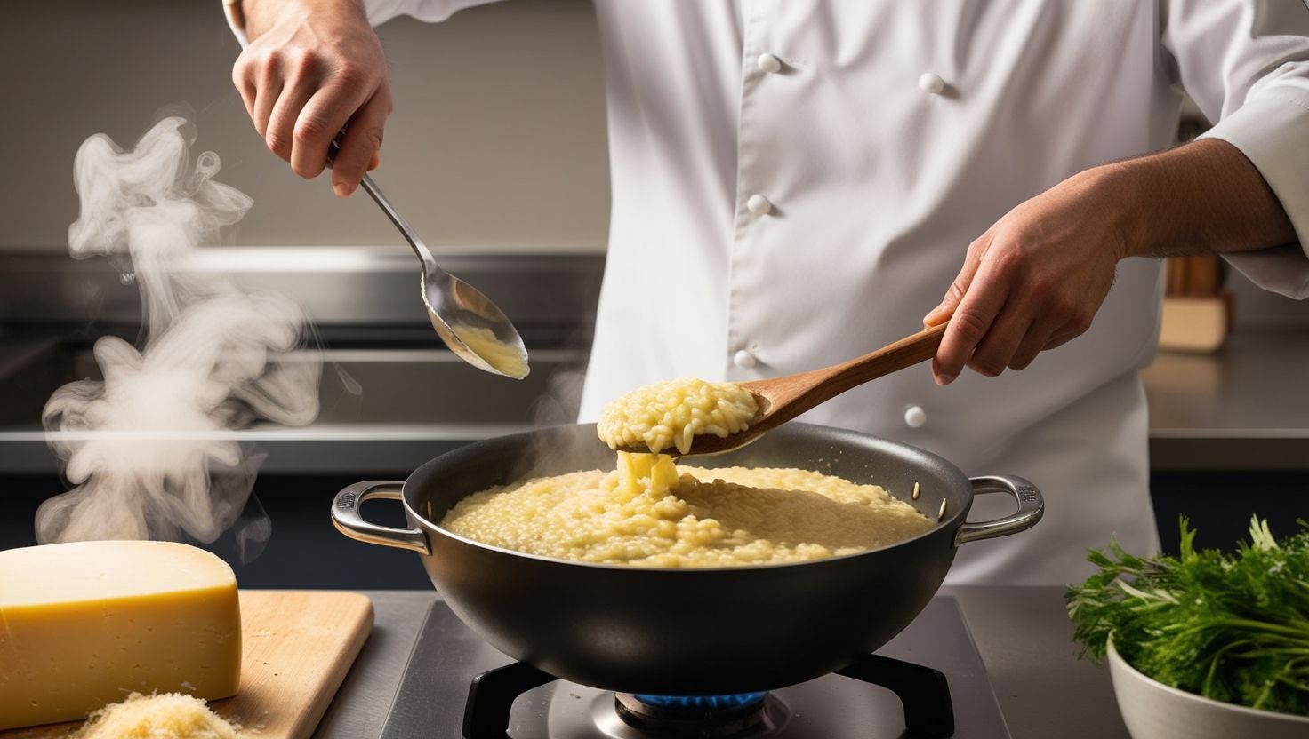 Chef profesional removiendo risotto cremoso en una olla mientras el arroz absorbe el caldo en una cocina moderna.