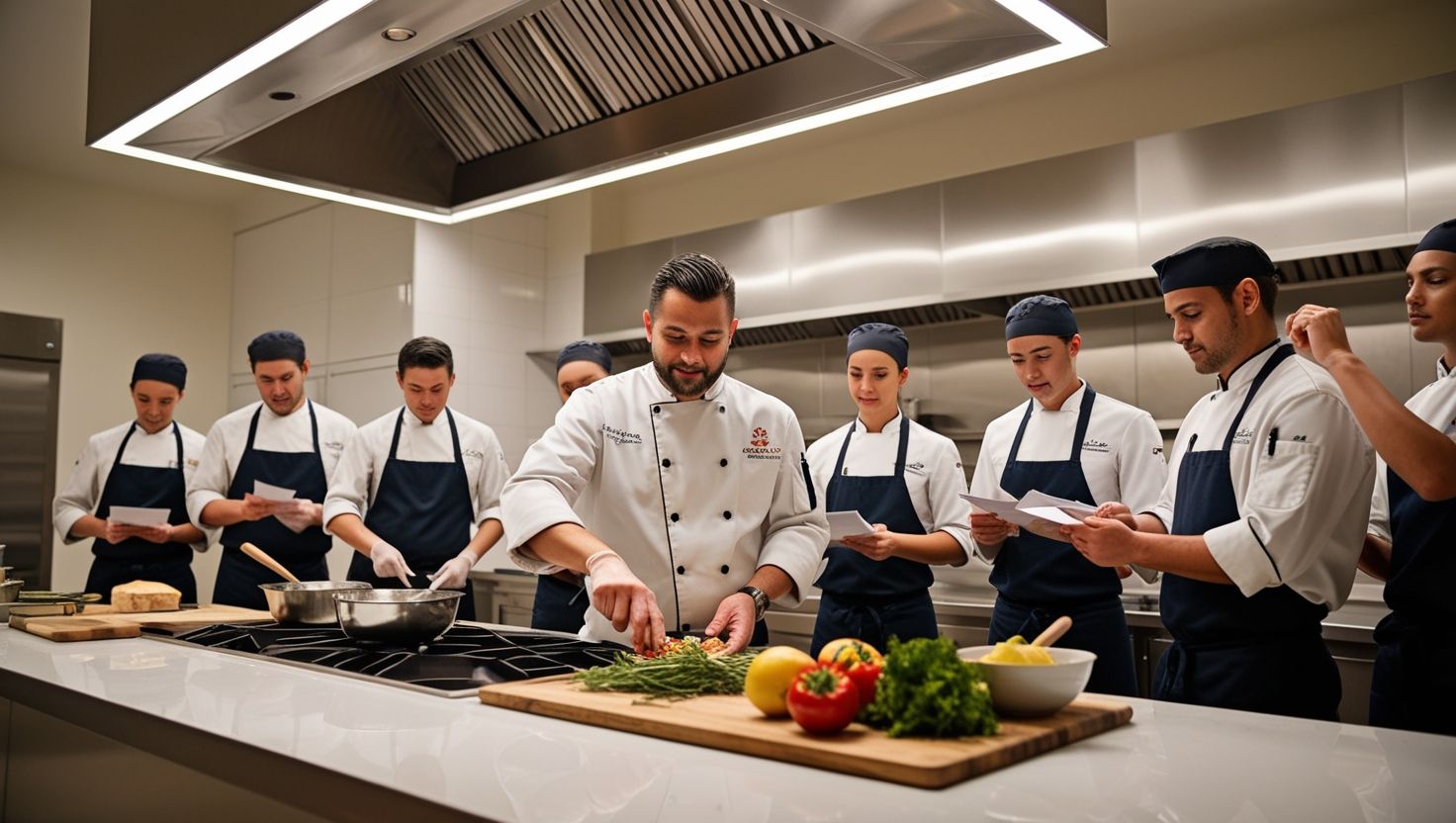 Chef ejecutivo revisando manual de seguridad alimentaria en una cocina profesional, como parte de una capacitación continua.