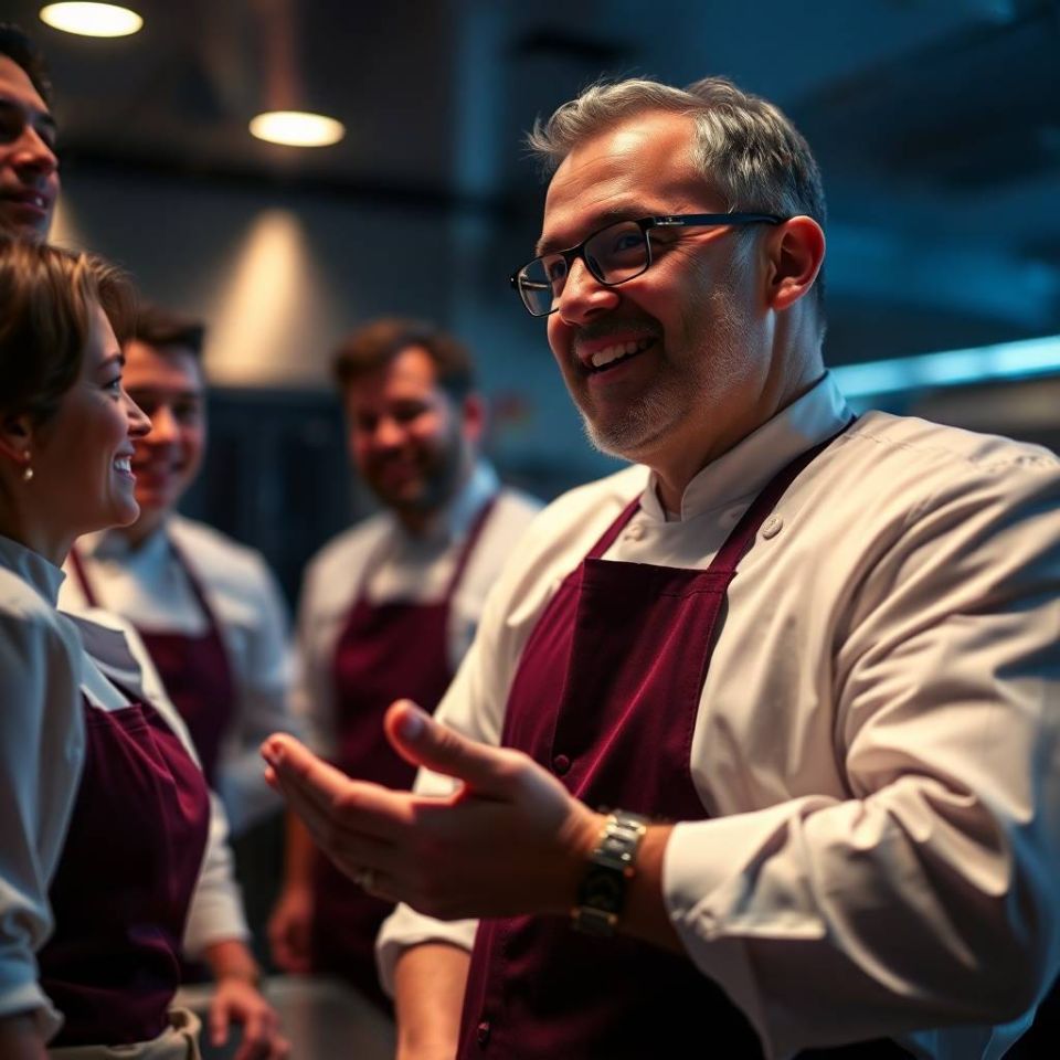 Chef experimentado motivando a su equipo en una cocina profesional, representando el liderazgo, el trabajo en equipo y el crecimiento profesional en la industria culinaria.
