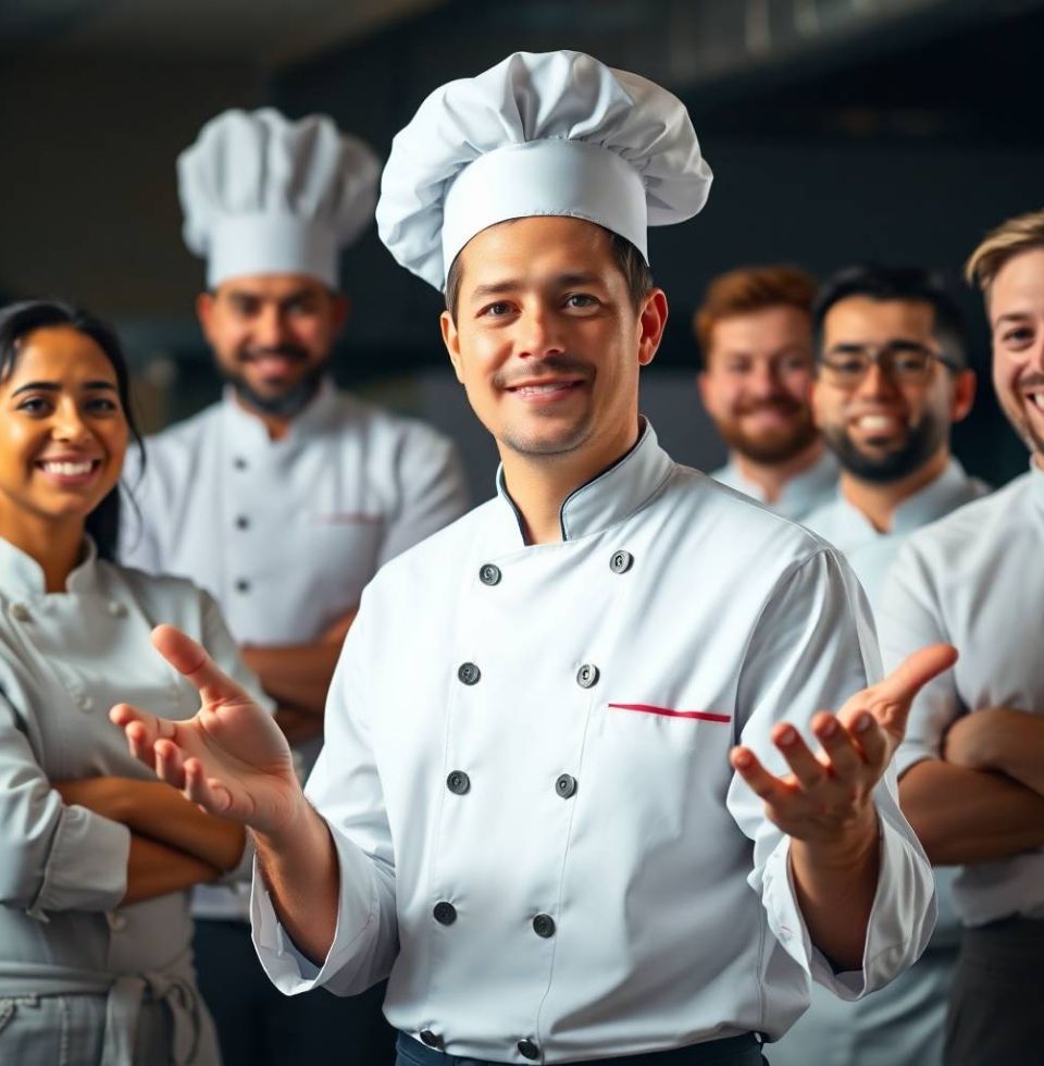 Chef joven y seguro rodeado de su equipo, representando motivación, liderazgo y nuevas oportunidades profesionales en la cocina.