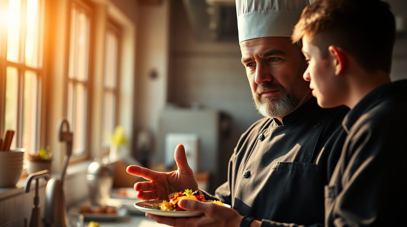 Chef dando feedback a un aprendiz en la portada del blog sobre desarrollo culinario.