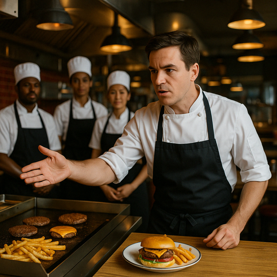 Chef principal dando instrucciones a su equipo mientras cocinan hamburguesas en cocina americana moderna