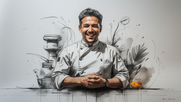 Chef profesional en restauración moderna liderando un restaurante contemporáneo