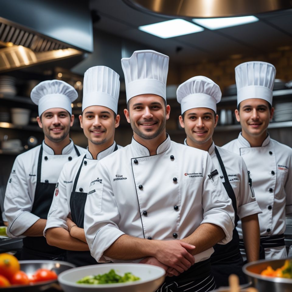Grupo de chefs profesionales con uniformes blancos y gorros altos, representando liderazgo y excelencia culinaria en una cocina organizada.