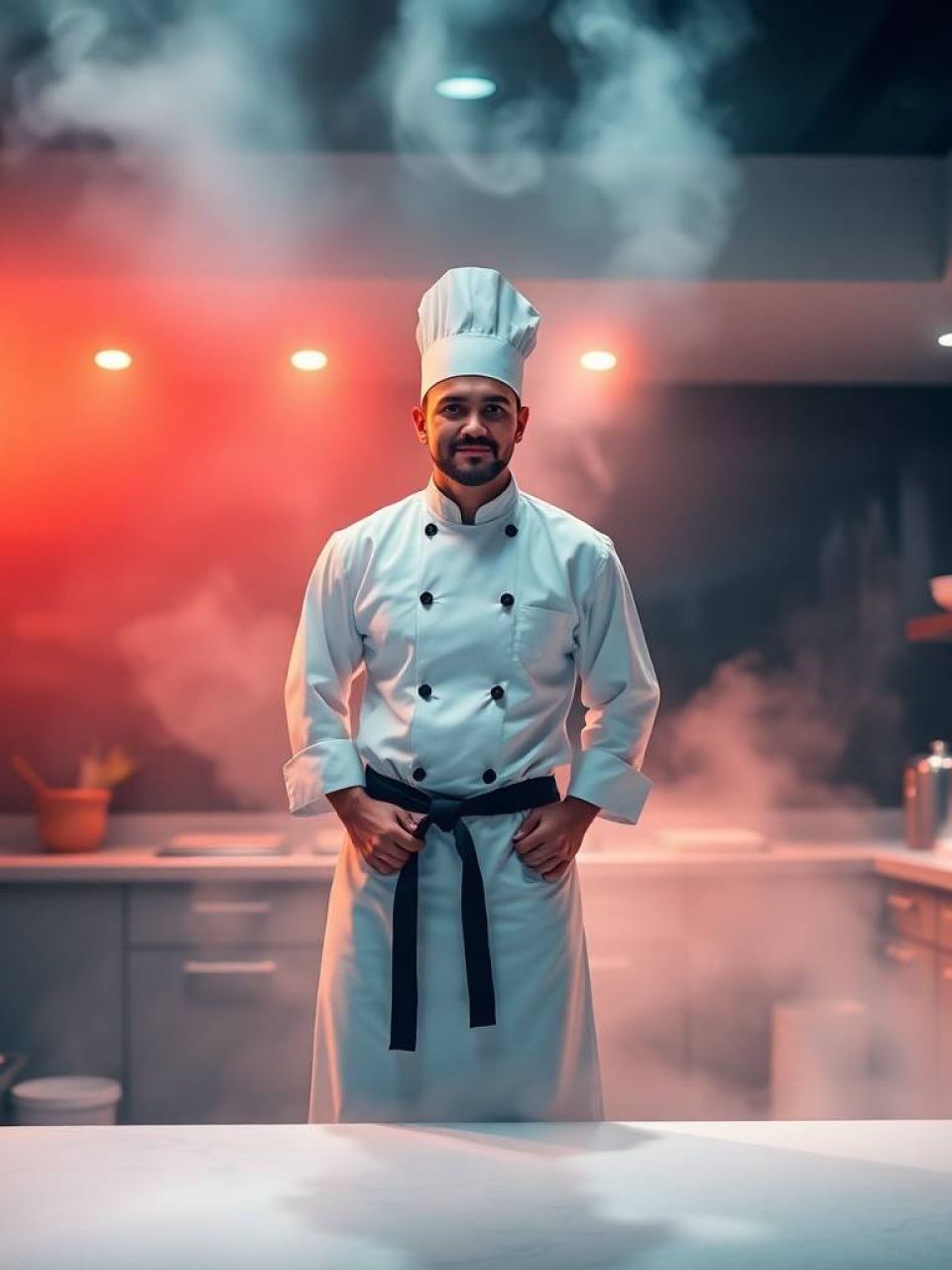 Chef profesional con cinturón negro en cocina moderna, representando los pilares de la certificación CAIBOK: seguridad, cocina y gestión.