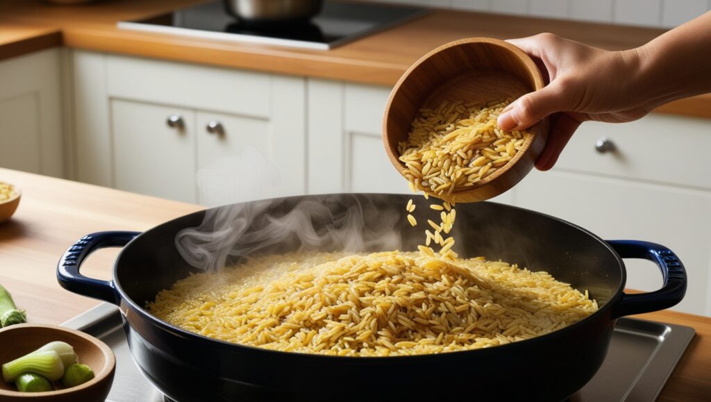 Arroz Arborio tostándose en una sartén con aceite de oliva, con una mano removiendo cuidadosamente en una receta de risotto.