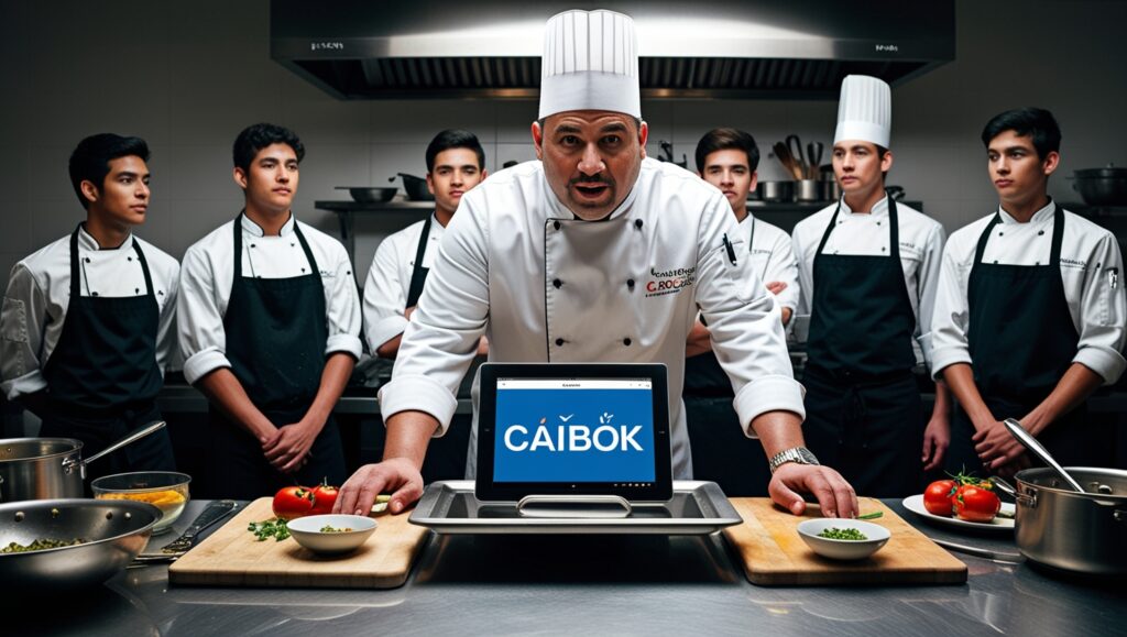 Chef con insignia digital CAIBOK mentorando a cocineros jóvenes en una cocina profesional.