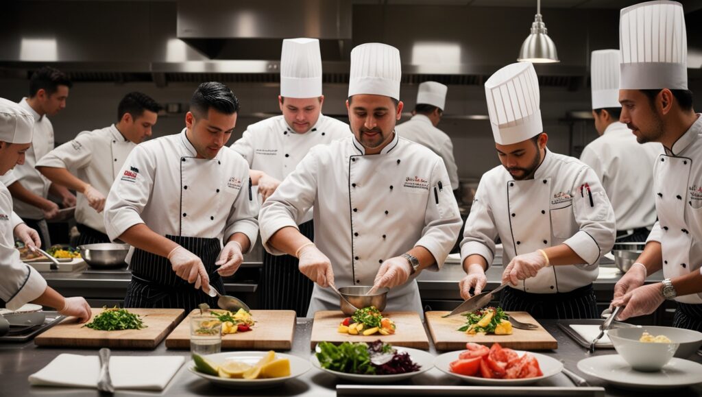 Equipo de chefs trabajando de manera eficiente en una cocina profesional tras recibir capacitación continua en seguridad alimentaria.