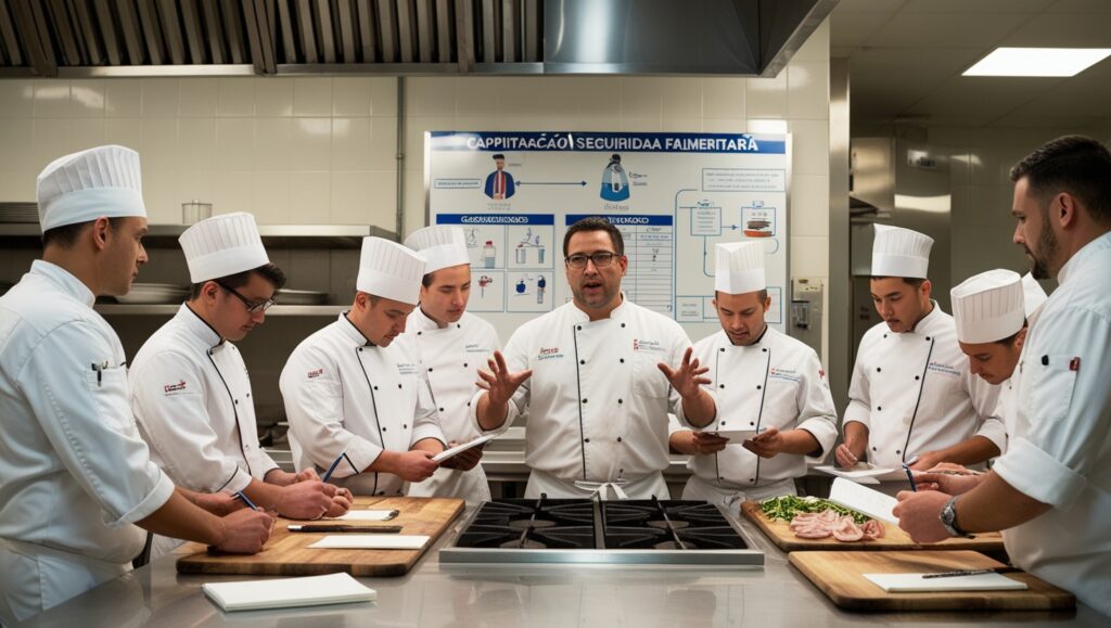 Chefs en una cocina industrial participando en una sesión de capacitación continua en seguridad alimentaria con un instructor.
