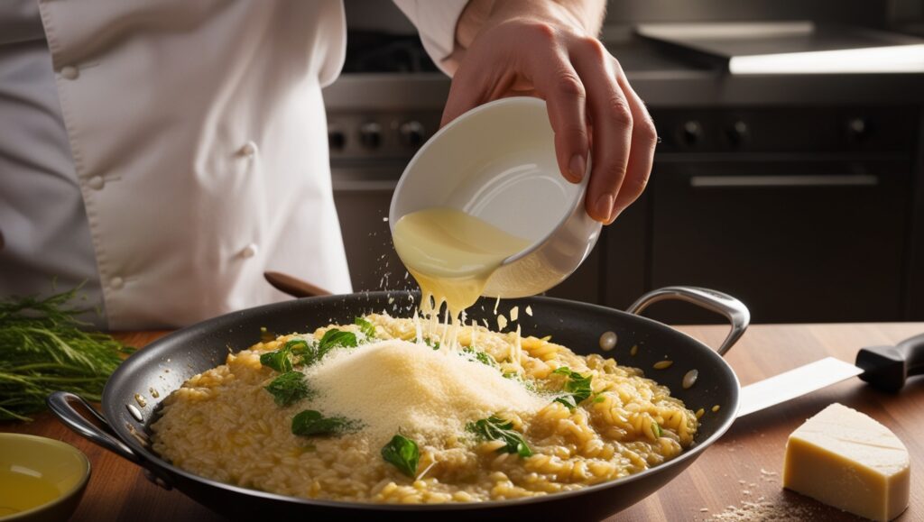 Chef añadiendo mantequilla fría al risotto cremoso como toque final en una receta de risotto tradicional.