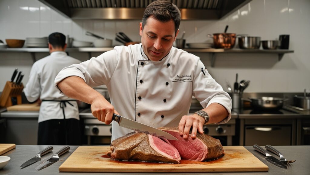 Chef cortando filete de res cocido al vacío, revelando un interior jugoso y perfectamente cocido.