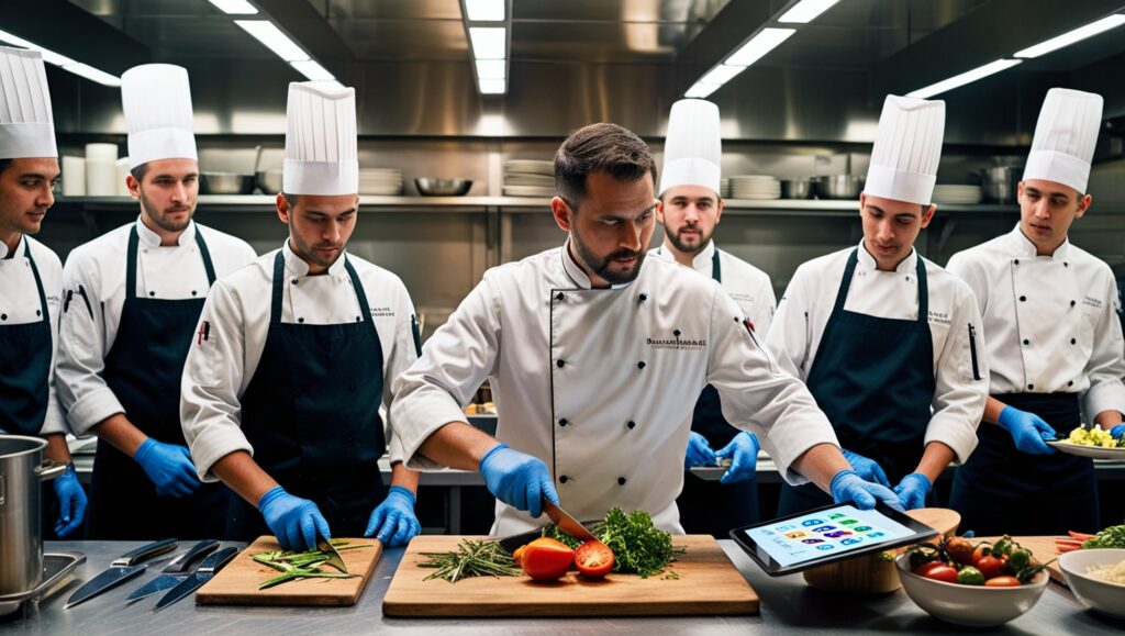 Chef Ejecutivo supervisando a su equipo durante una jornada de capacitación continua en una cocina profesional.