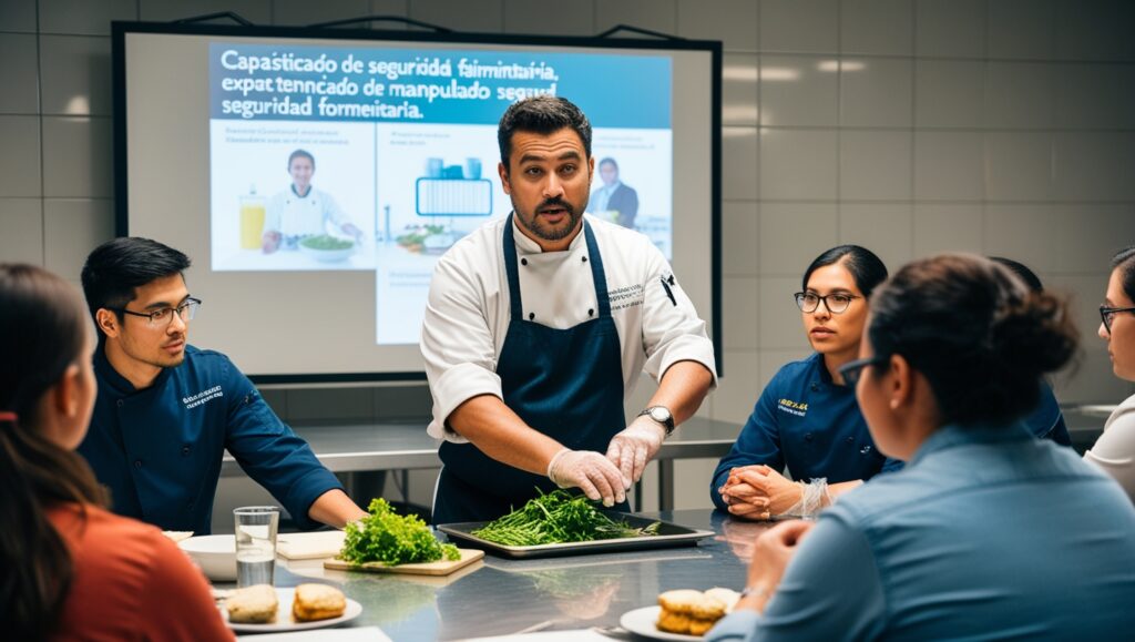 Chef capacitando a aprendices en técnicas de seguridad alimentaria
