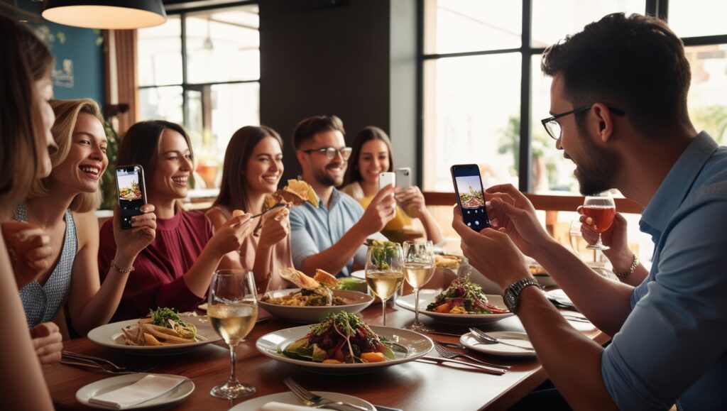 Cliente en restaurante capturando fotos de su comida para contenido generado por usuarios como parte de una estrategia de marketing.