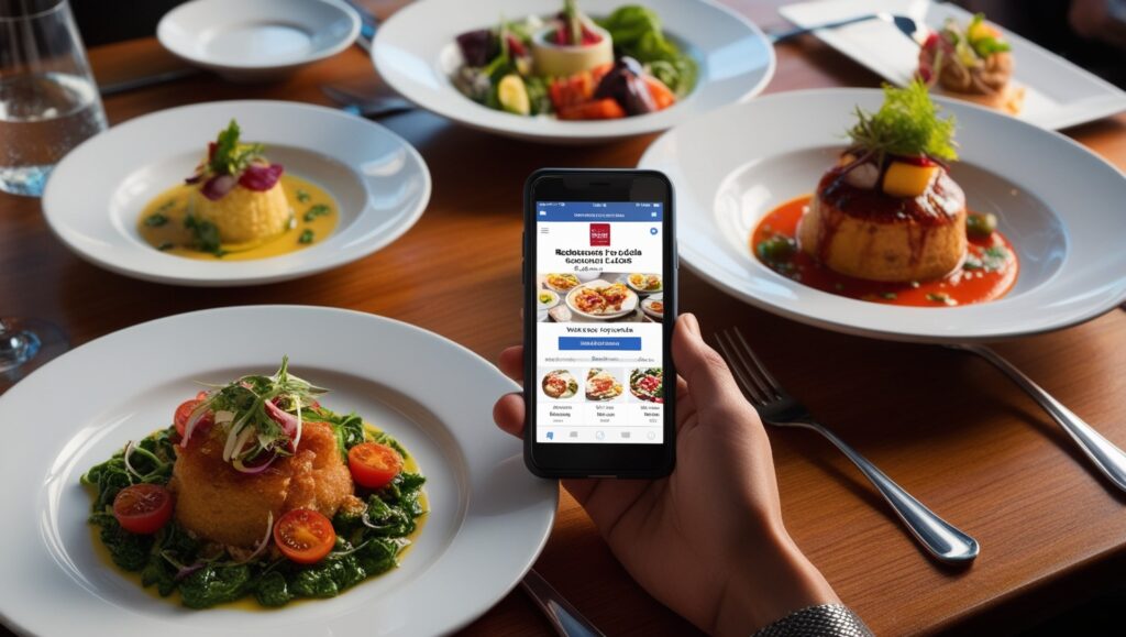 Dispositivo móvil en una mesa de restaurante mostrando un anuncio de publicidad digital mientras los comensales disfrutan de platos gourmet.