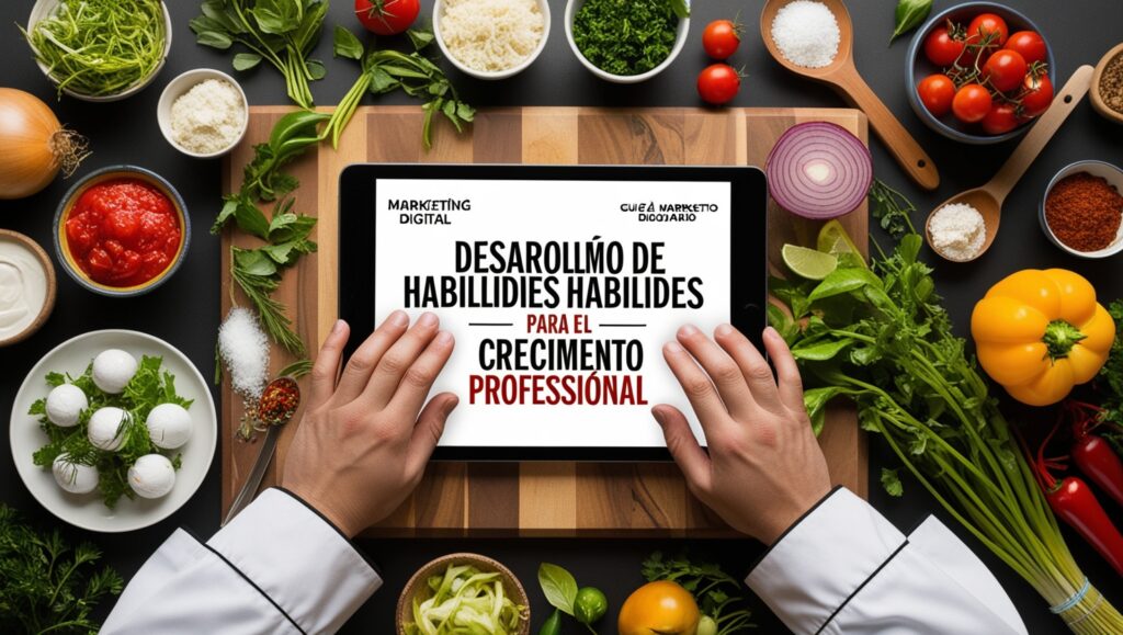 Chef con Membresía CAIBOK revisando guía de marketing digital en tablet.