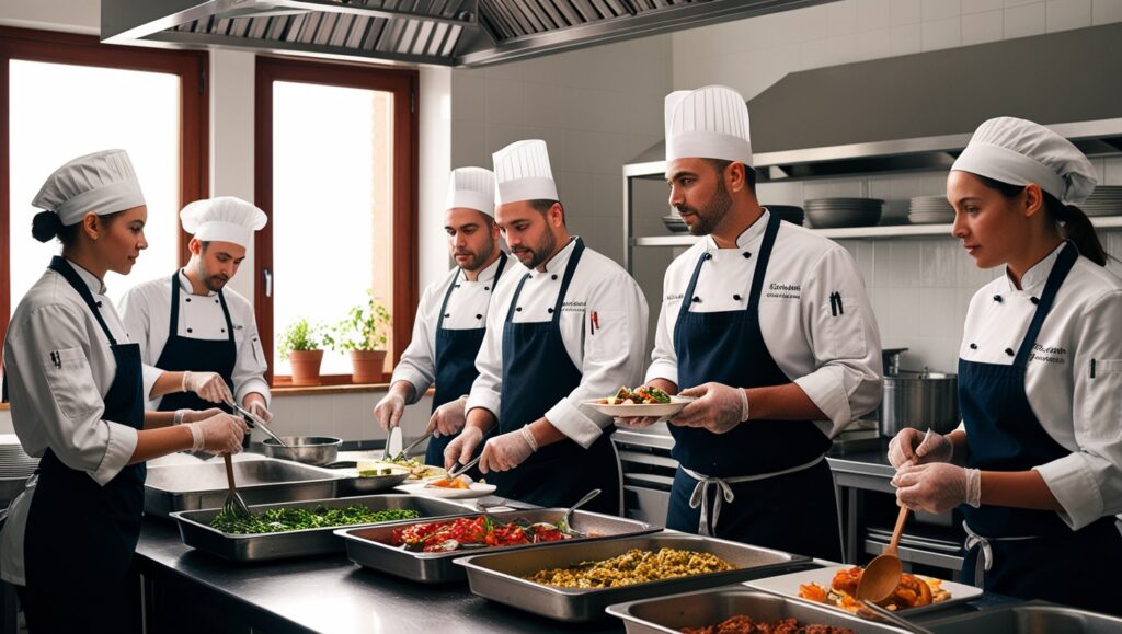 Chefs revisando estación de trabajo con superficies antimicrobianas para seguridad alimentaria en cocina profesional.