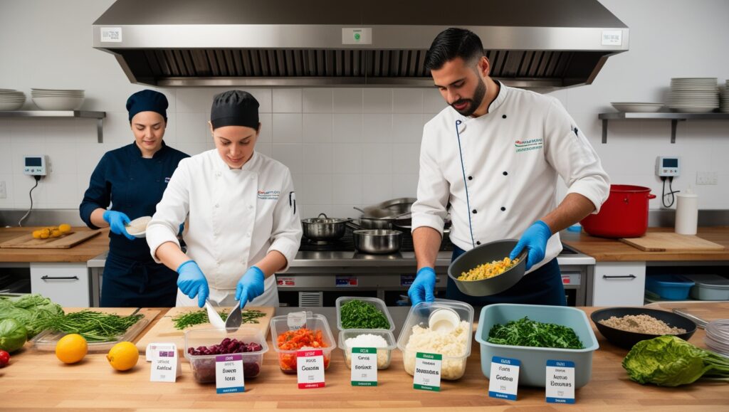 Equipo de cocina trabajando en una mesa de acero inoxidable para separar y almacenar alimentos crudos y cocidos, aplicando medidas de seguridad alimentaria.