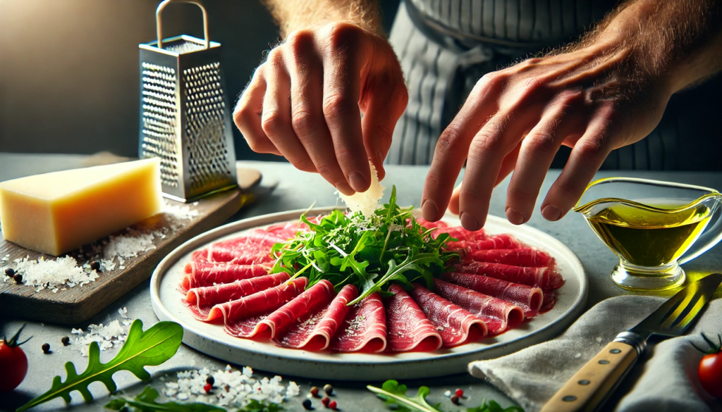 Chef colocando láminas de res para Carpaccio con rúcula y parmesano.