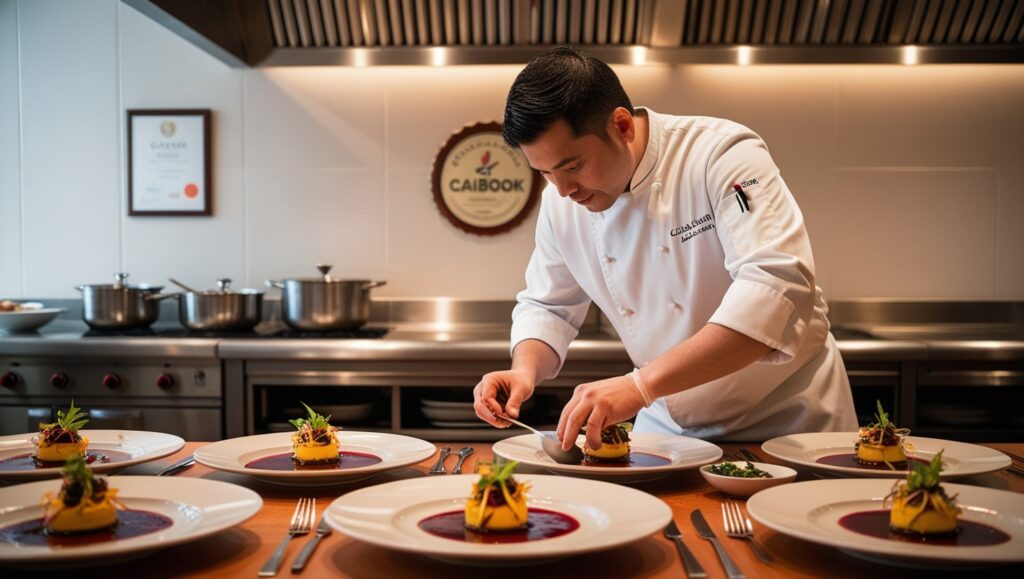 Chef certificado CAIBOK en una cocina de alta gama.