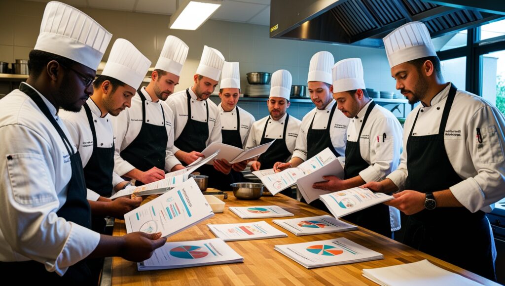 Chefs en formación revisando materiales de la certificación CAIBOK.