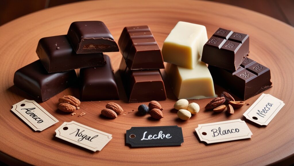 Diferentes tipos de chocolate y nueces sobre una tabla de madera con etiquetas.