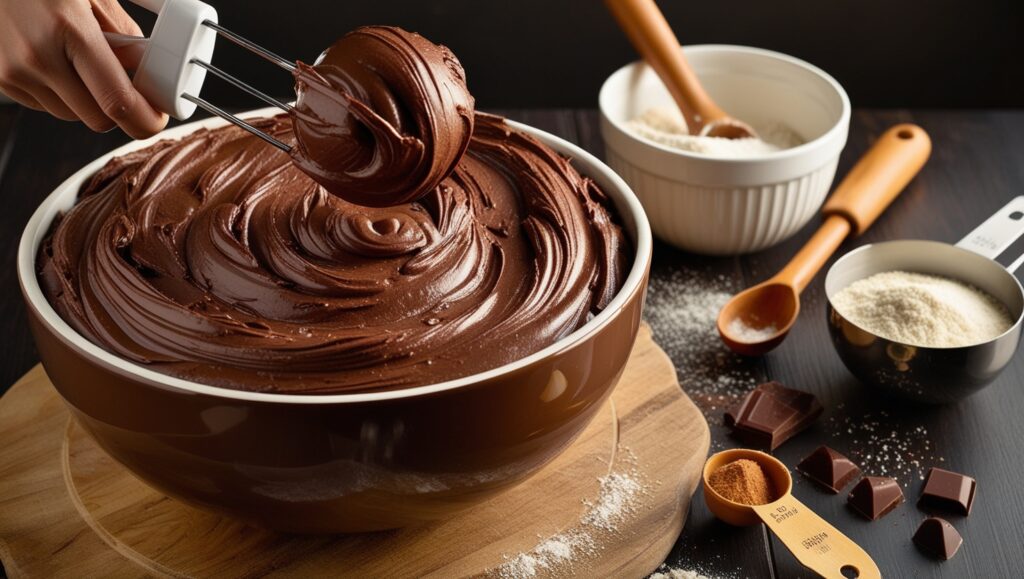 Mezcla de chocolate derretido, azúcar y huevos en un bol para brownies.