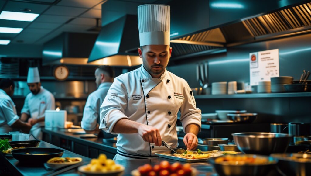 Chef liderando un equipo en una cocina profesional con su certificación culinaria exhibida.