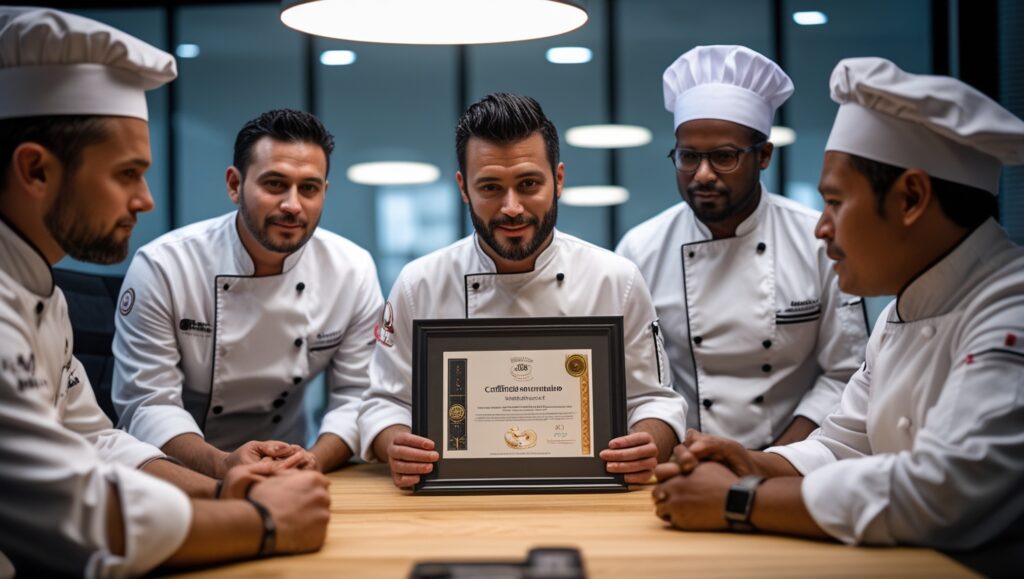 Chef presentando su certificación culinaria durante una entrevista laboral.