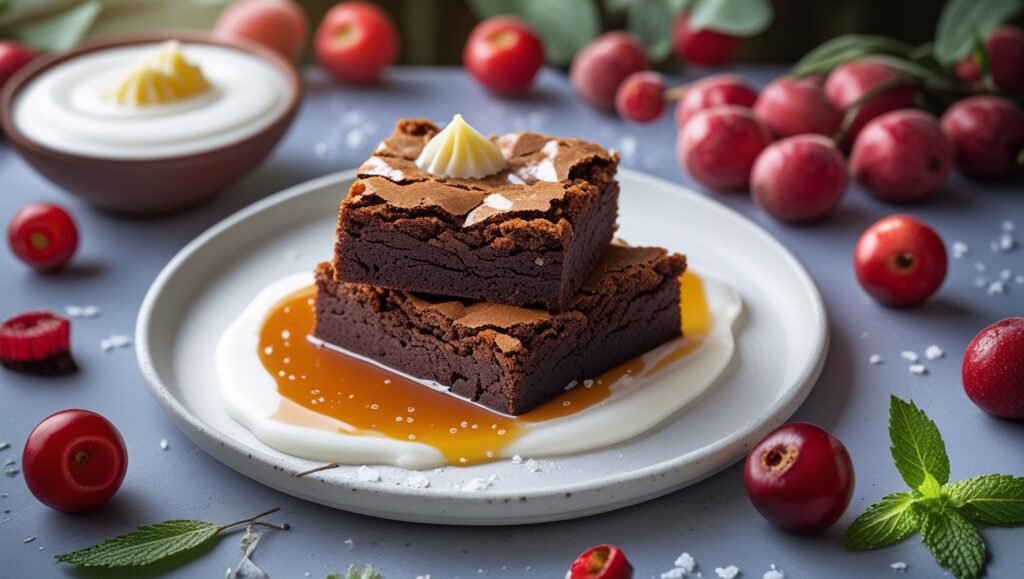 Brownies de chocolate servidos con helado de vainilla, caramelo y frutos rojos.