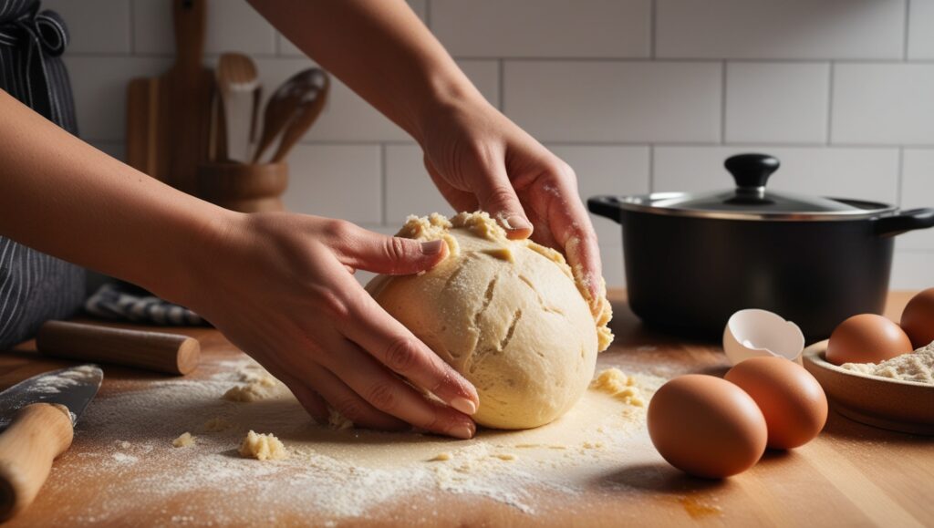 Masa de pan brioche siendo amasada a mano en una cocina profesional.