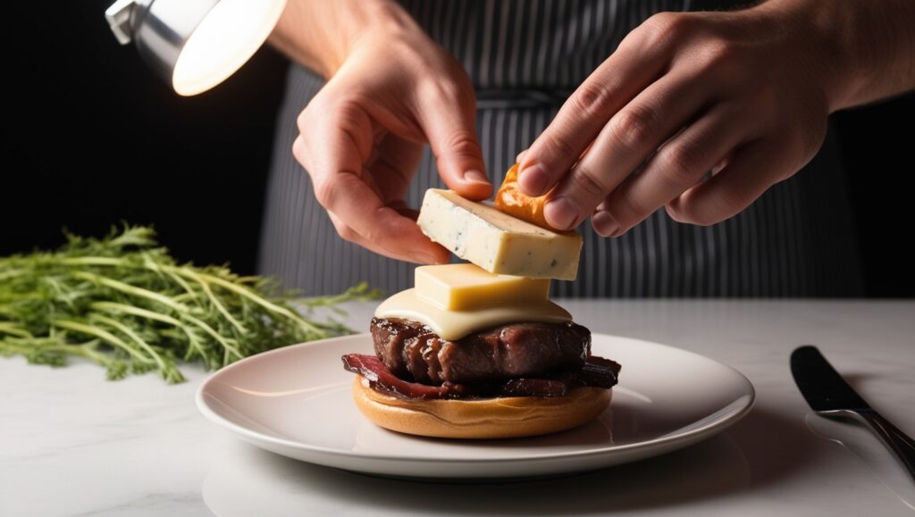 Montaje de hamburguesa gourmet con queso brie derretido y trufa negra.