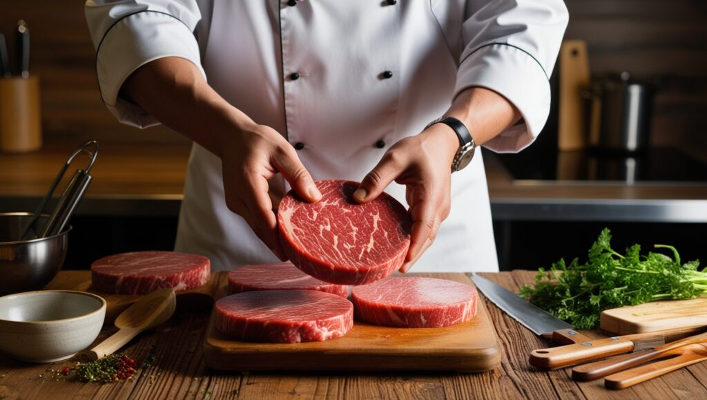 Chef moldeando discos de carne de wagyu con marmoleo característico.