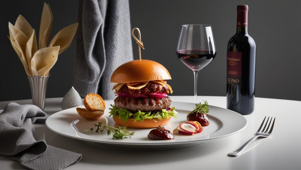 Presentación de hamburguesa gourmet de wagyu con pan brioche y decoración de brotes frescos.