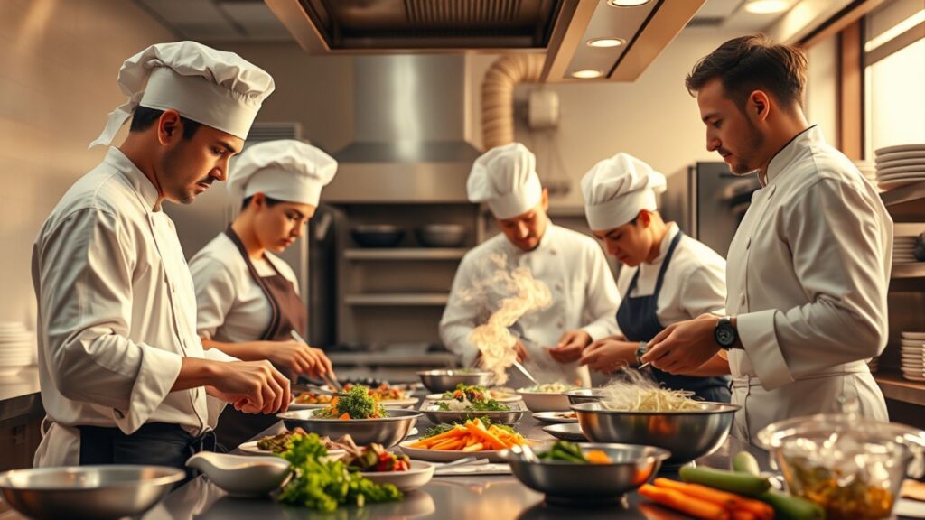 Equipo de cocina trabajando en armonía para evaluar talento en cocina