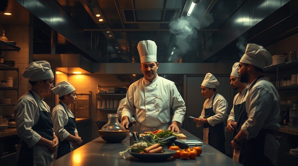 Chef ejecutivo explicando la mise en place a un equipo de cocina en un restaurante