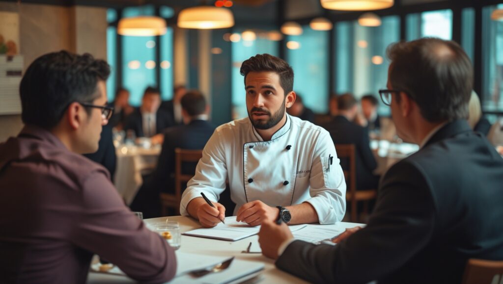 Aspirante a chef en entrevista estructurada para selección de chefs en restaurante.