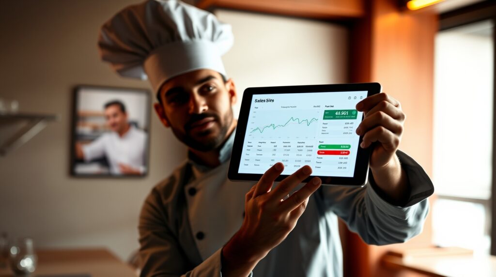 Chef revisando reportes de ventas para optimizar su menú rentable.