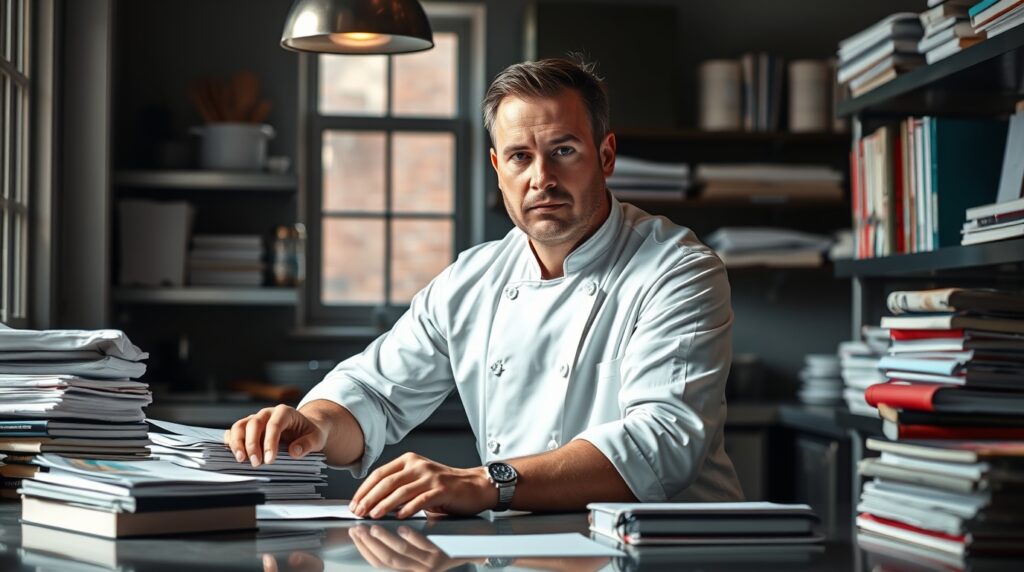 Chef investigando tendencias de menú rentable en su cocina profesional.
