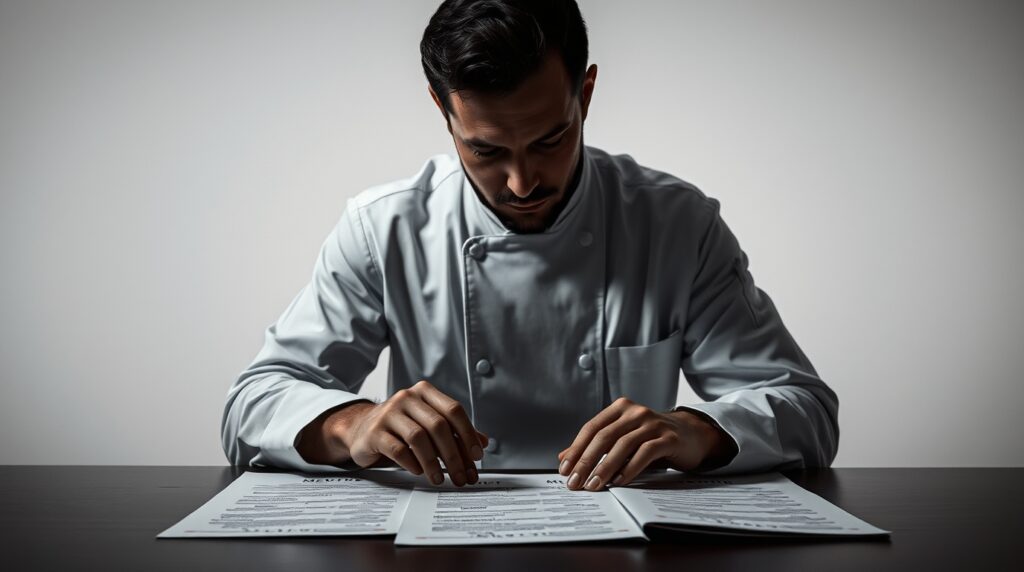 Chef diseñando un menú en formato impreso para maximizar la rentabilidad.