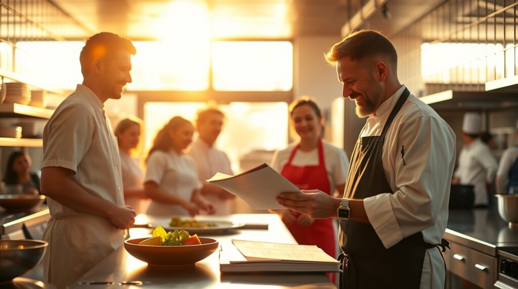 Chef mentor y aprendices celebran la integración del feedback en la cultura de cocina.