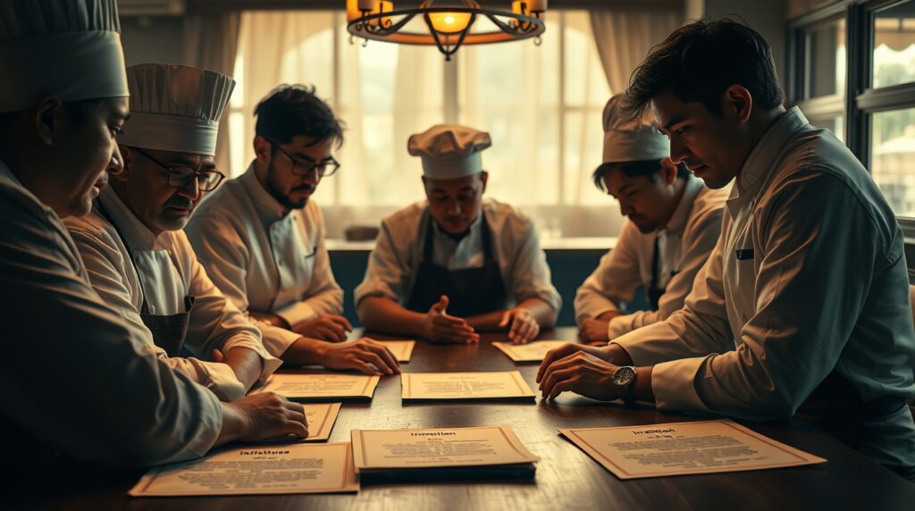 Equipo de cocina discutiendo los valores y visión del restaurante.
