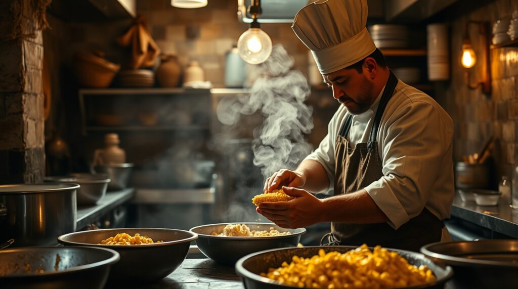 Chef aplicando la técnica de nixtamalización en la cocina mexicana.