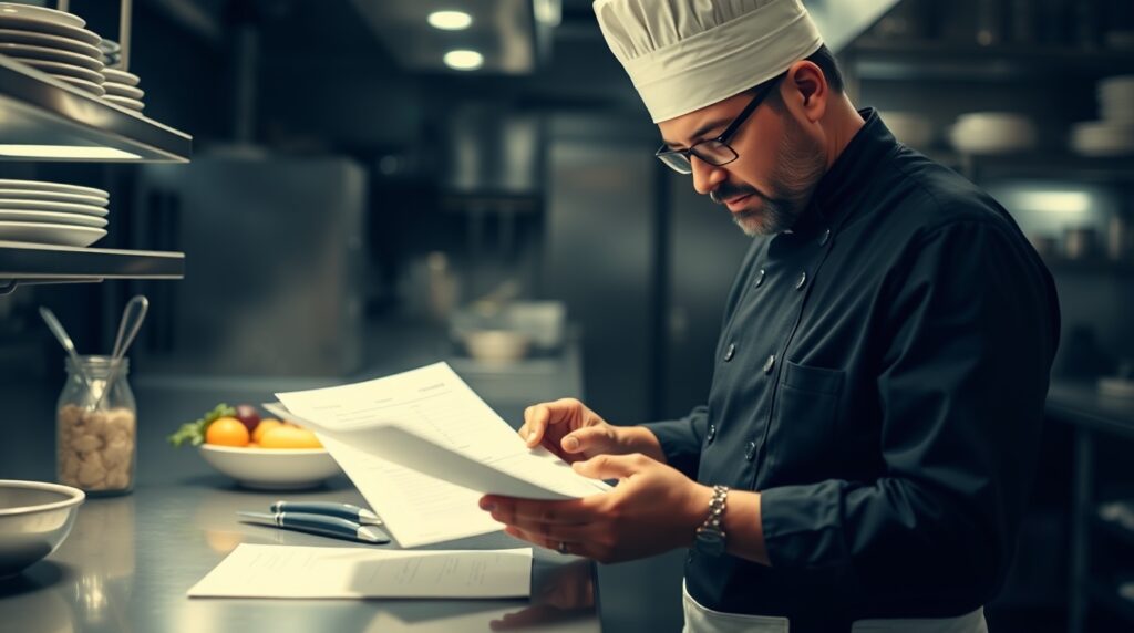 Chef ejecutivo analizando costos de ingredientes en un restaurante mexicano.