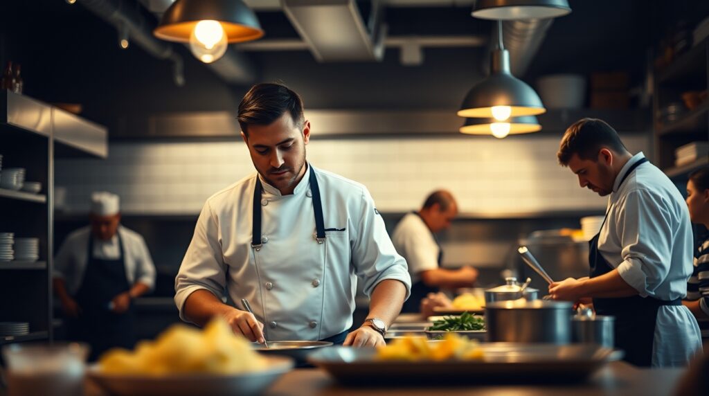 Trabajo en equipo en una cocina profesional durante una prueba de evaluación.