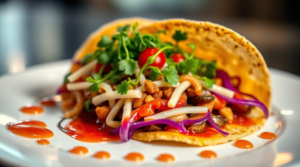Taco gourmet de alta cocina inspirado en la gastronomía mexicana.